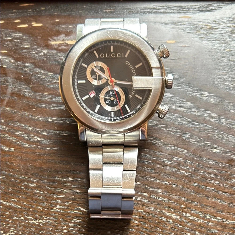 Gucci Stainless Steel Watch with Black Dial and Red Accents